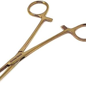 Mosquito Hemostat Locking Forceps 5" Straight with Full Serrated Jaws Ideal for Clamping, Fishing, Firefighters Nurses Doctors + More (Full Gold)  Industrial & Scientific