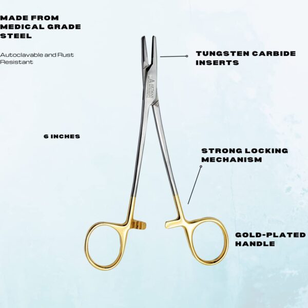 ARTMAN INSTRUMENTS Mayo Hegar Needle Holder 6" Tungsten Carbide Inserts, Gold Plated Needle Driver with Strong Lock, Serrated Jaws for Precise Suturing, Autoclavable  Industrial & Scientific - Image 4